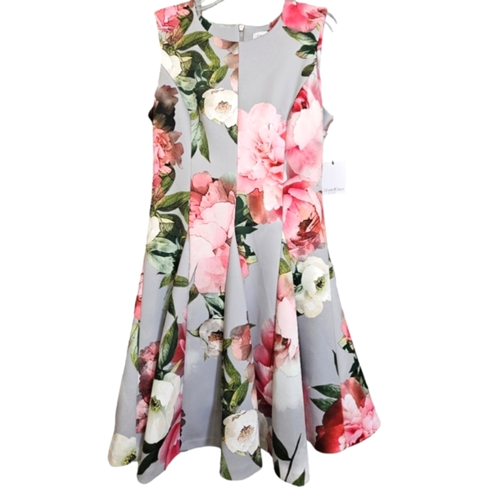 Nwt Calvin Klein Gray/Pink Abstract Floral Scuba  Sleeveless Fit& Flare Dress - Picture 17 of 17